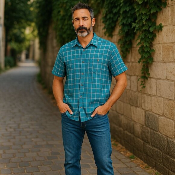 Patagonia Large Blue Green Worn Wear Short Sleeve Button Shirt Outdoor Preppy - Picture 1 of 7